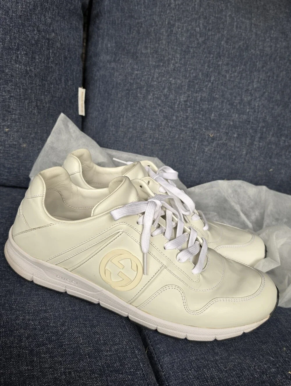 Authentic Gucci GG White Leather Men's Sneakers Shoes